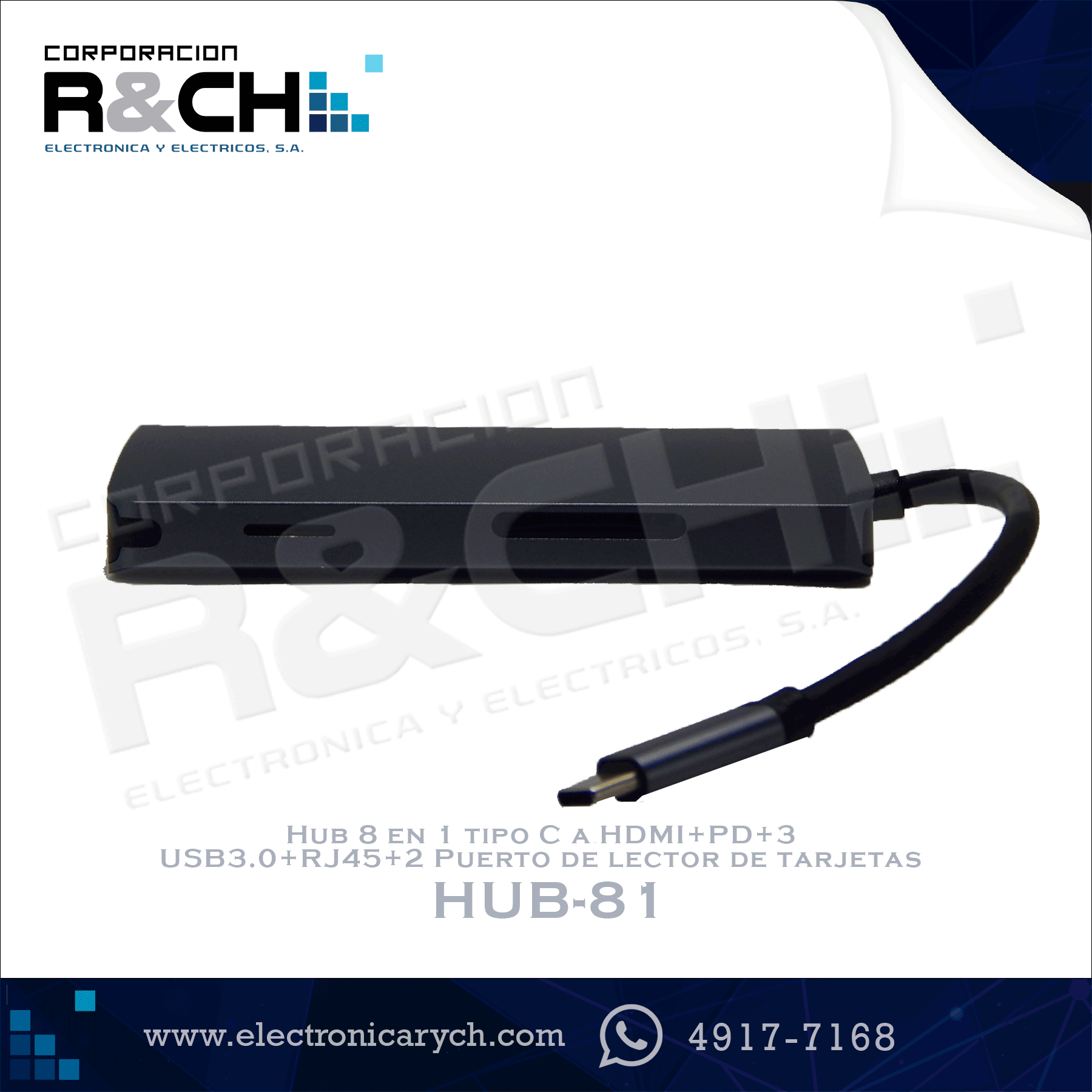 HUB-81 Hub 8 en 1 tipo C a HDMI+PD+3  USB3.0+RJ45+2 Puerto de lector de tarjetas