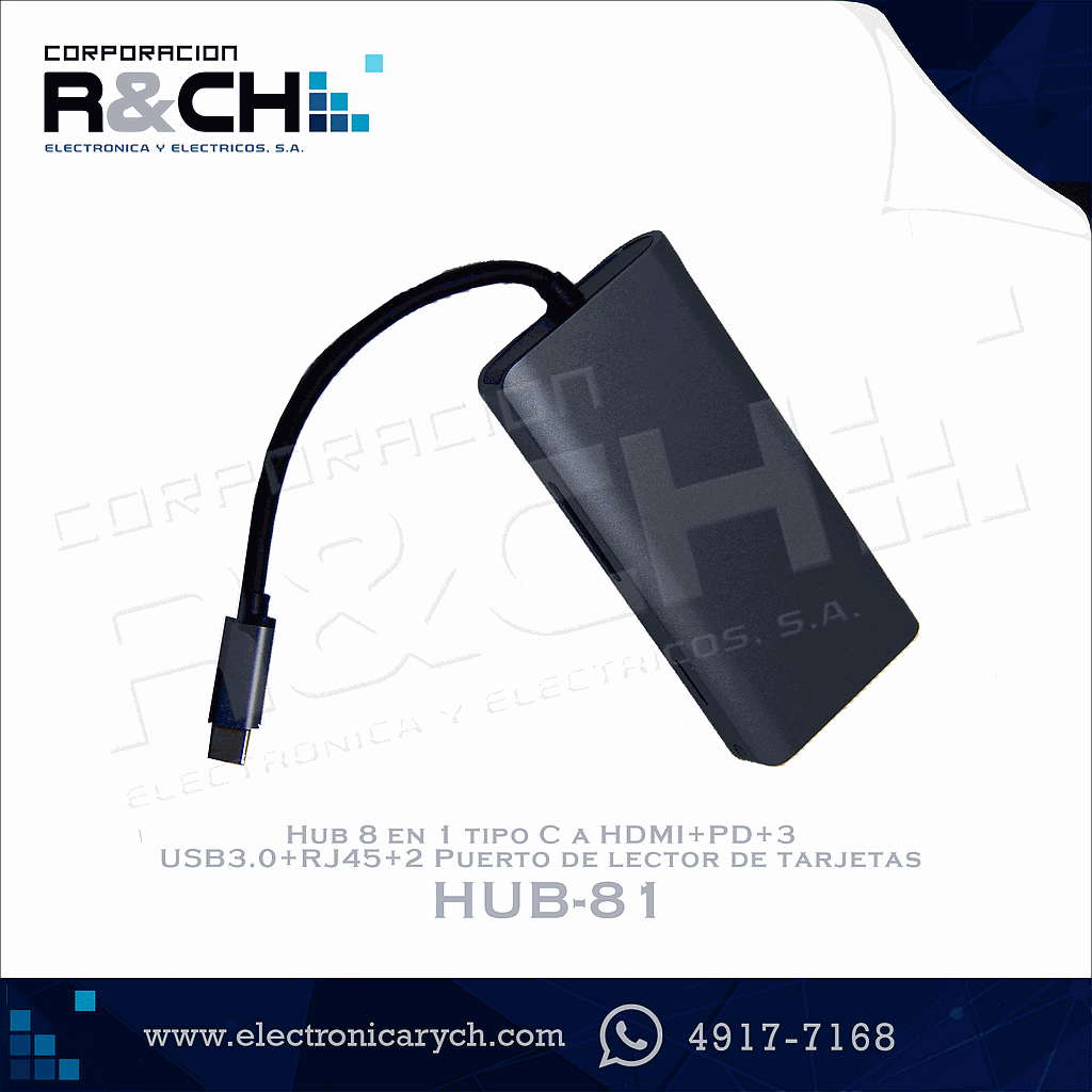 HUB-81 Hub 8 en 1 tipo C a HDMI+PD+3  USB3.0+RJ45+2 Puerto de lector de tarjetas