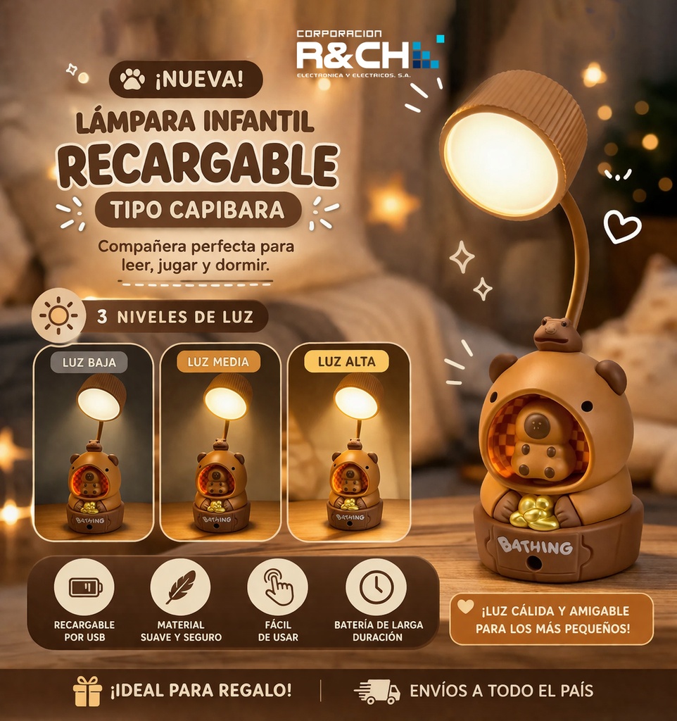 Lámpara Infantil Recargable Tipo Capibara con 3 Niveles de Luz