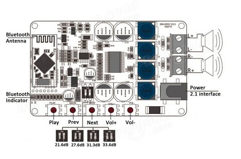 MD-TDA7492P Modulo amplificador bluetooth 4.0 de audio compacto con 5 botones de ajuste TDA7492P