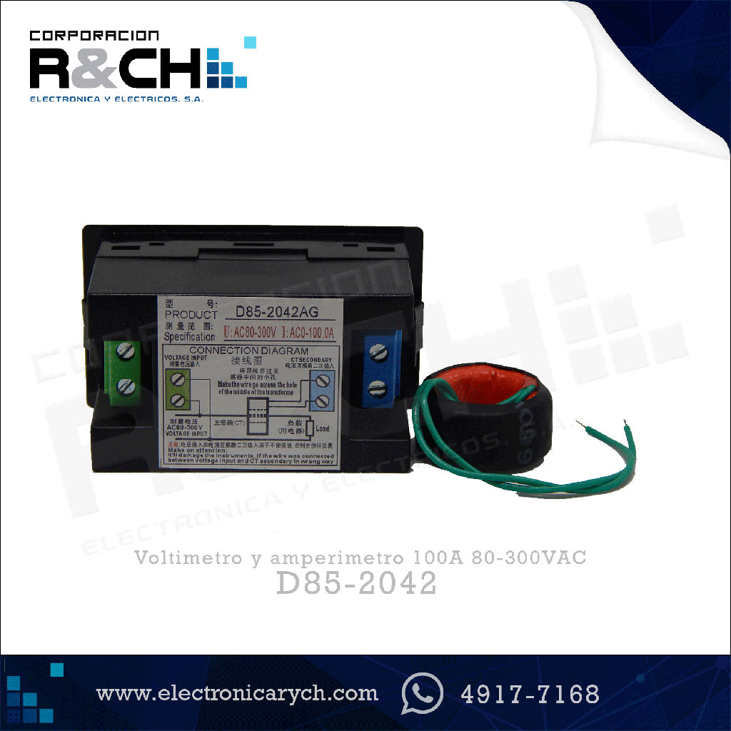 D85-2042 Voltimetro y amperimetro 100A 80-300VAC