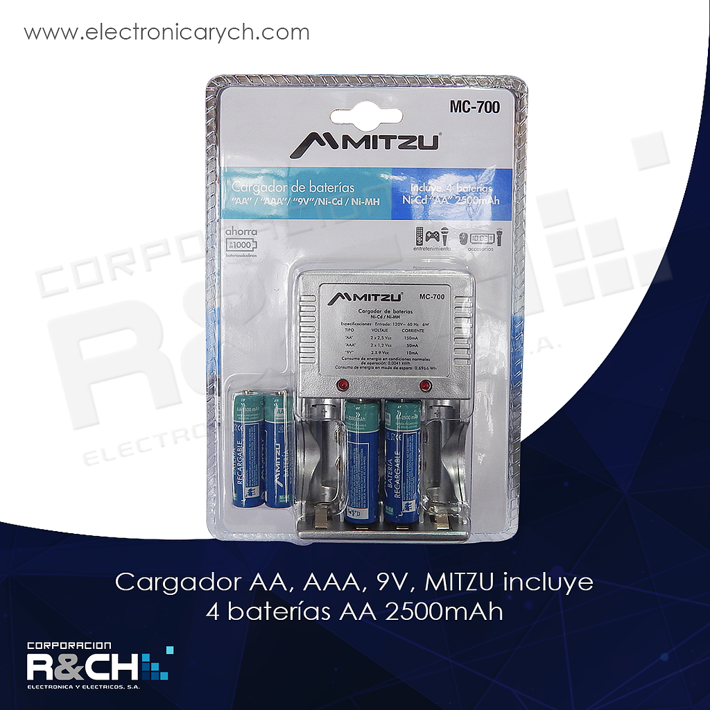 MC-700 cargador AA, AAA, 9V, MITZU incluye 4 baterias AA 2500mAh