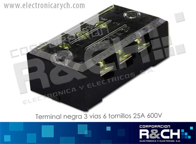 TB-1503L terminal negra 3 vias 6 tornillos 15A 600V