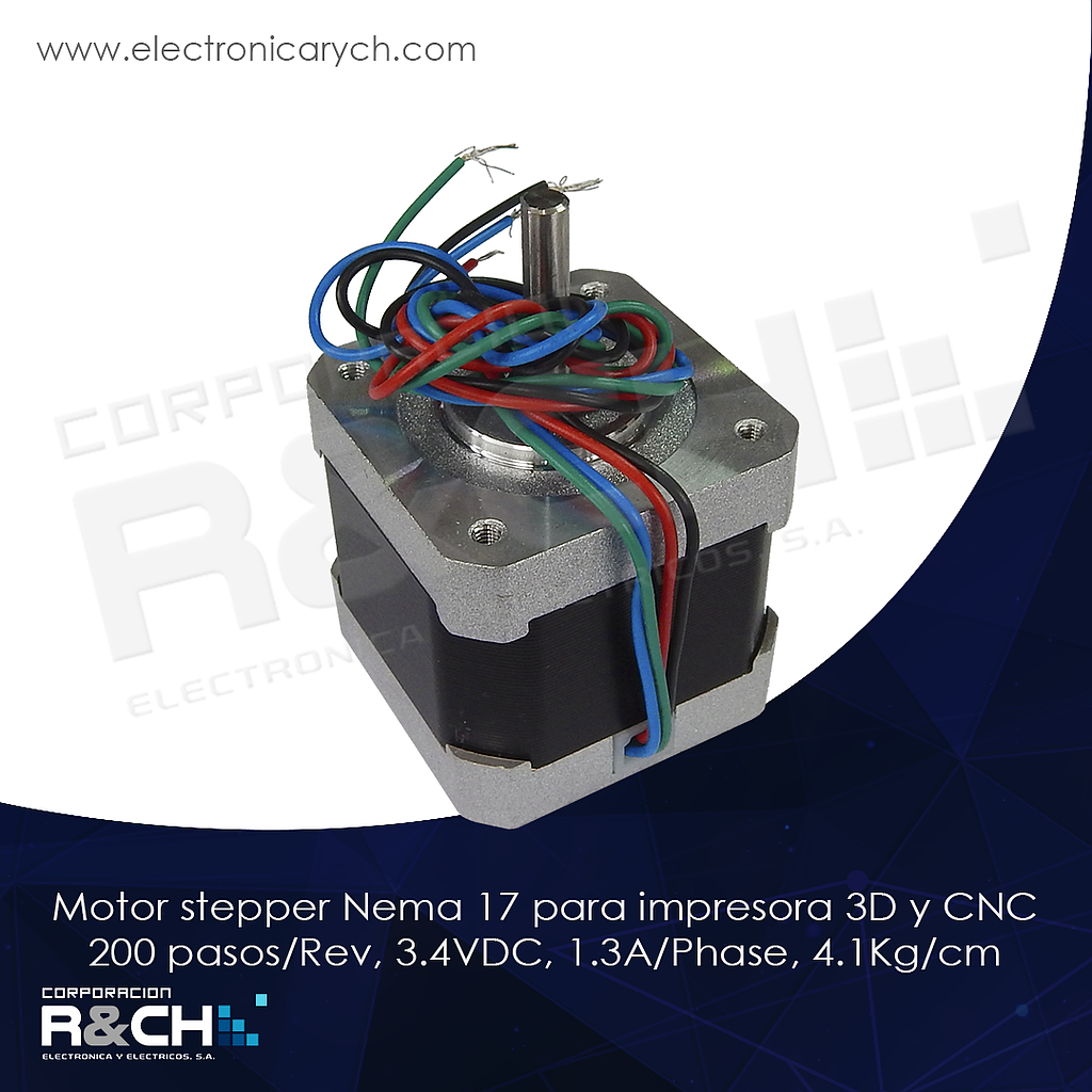 MT-N17JK42 motor stepper Nema 17 para impresora 3D y CNC 200 pasos/Rev, 3.4VDC, 1.3A/Phase, 4.1Kg/cm