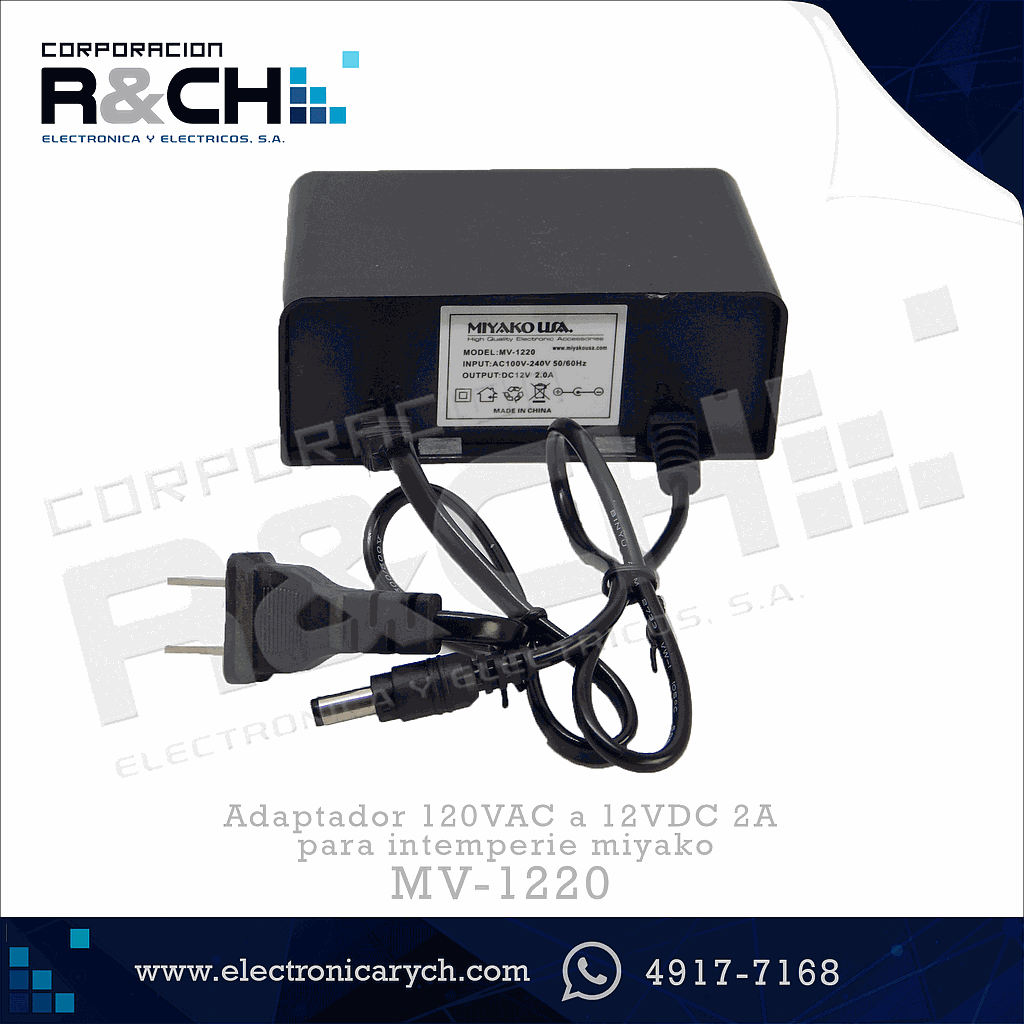 MV-1220 adaptador 120VAC a 12VDC 2A para intemperie miyako