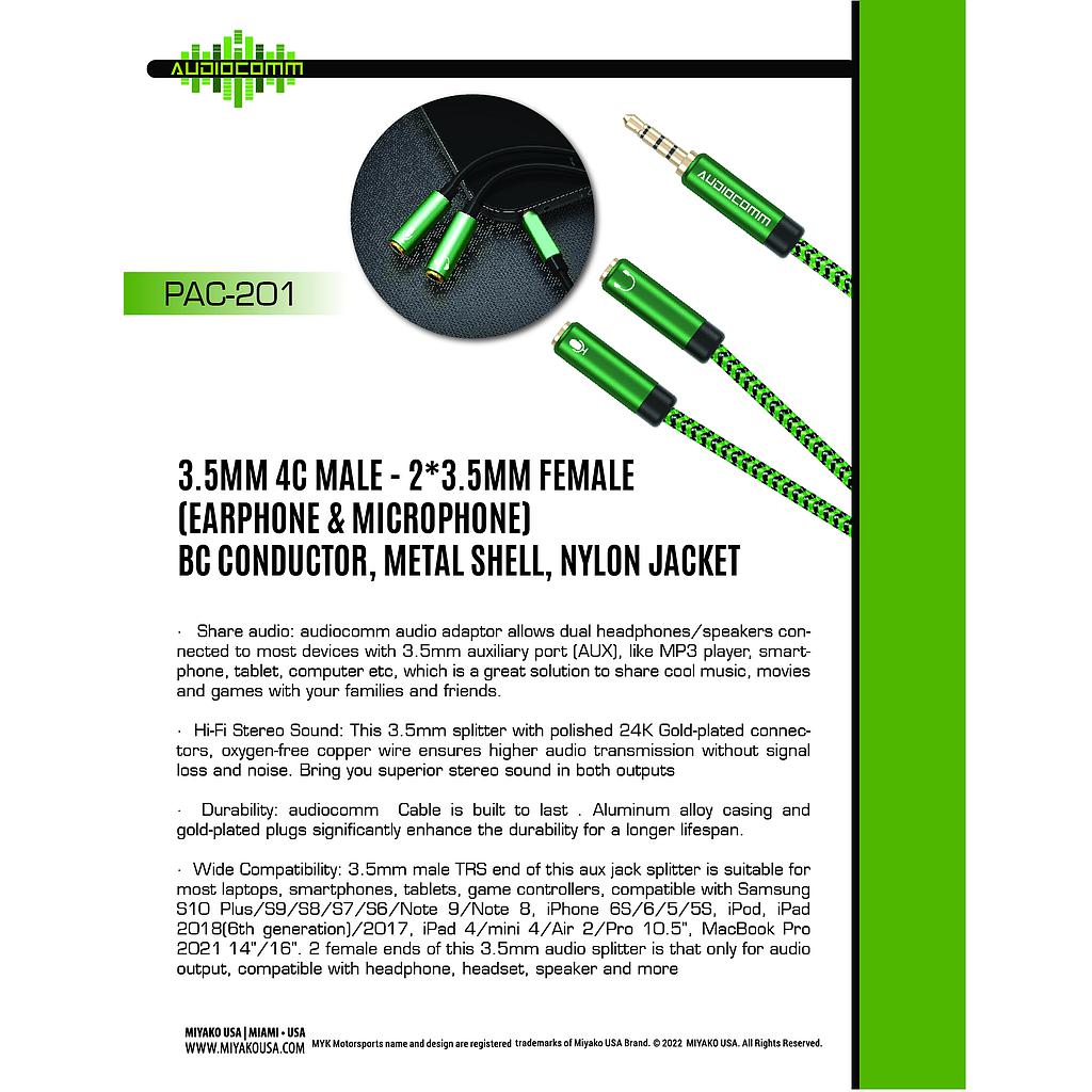 PAC-201 Extension Plug 3.5mm a Jack 3.5mm en Y Auricular y Microfono Audiocomm