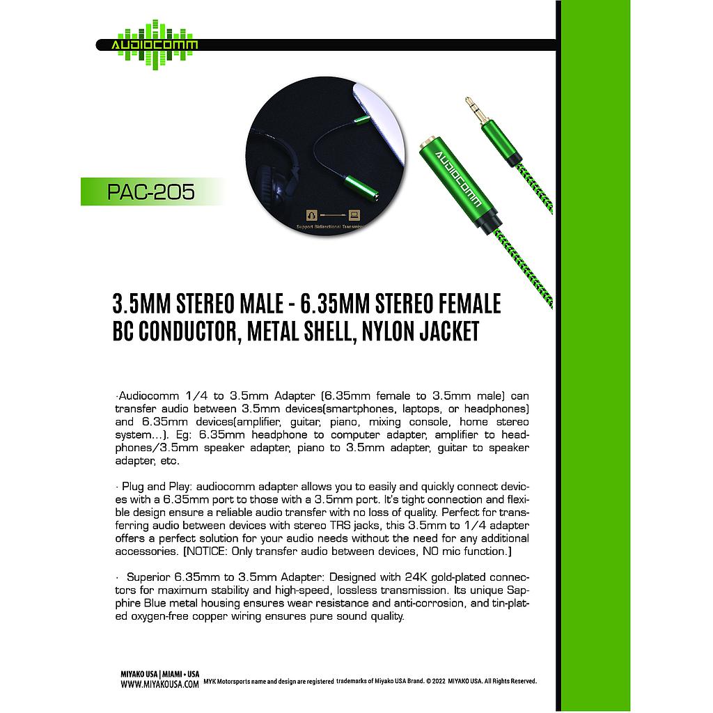 PAC-205 Extension Plug 3.5mm Stereo a  Jack 6.35mm Stereo Audiocomm