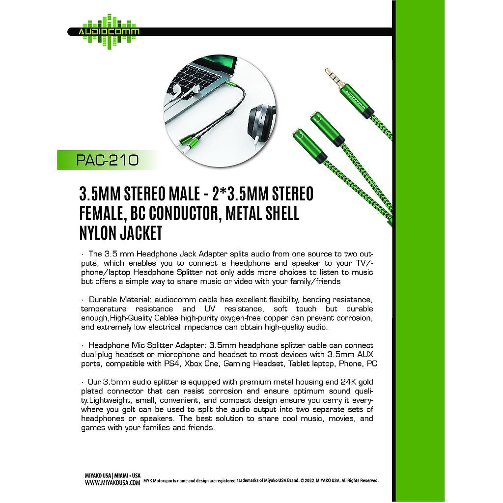 PAC-210 Extension Plug 3.5mm a Jack 3.5mm en Y dos Auriculares Audiocomm