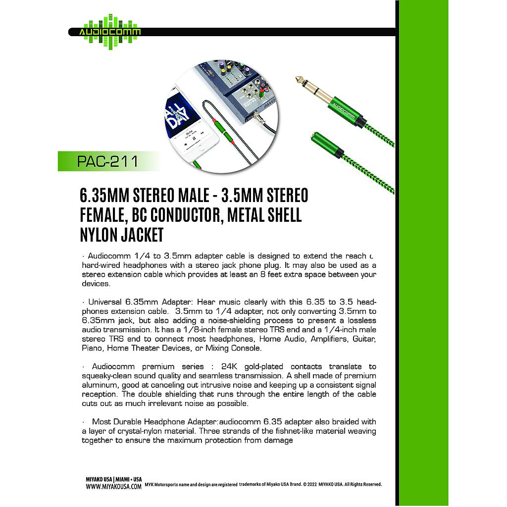 PAC-211 Extension Plug Stereo 6.35mm a Jack 3.5mm Stereo Audiocomm