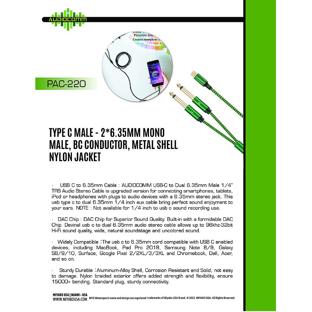 PAC-220 Extension Tipo C a 2xPlug 6.35mm mono 2m Audiocomm