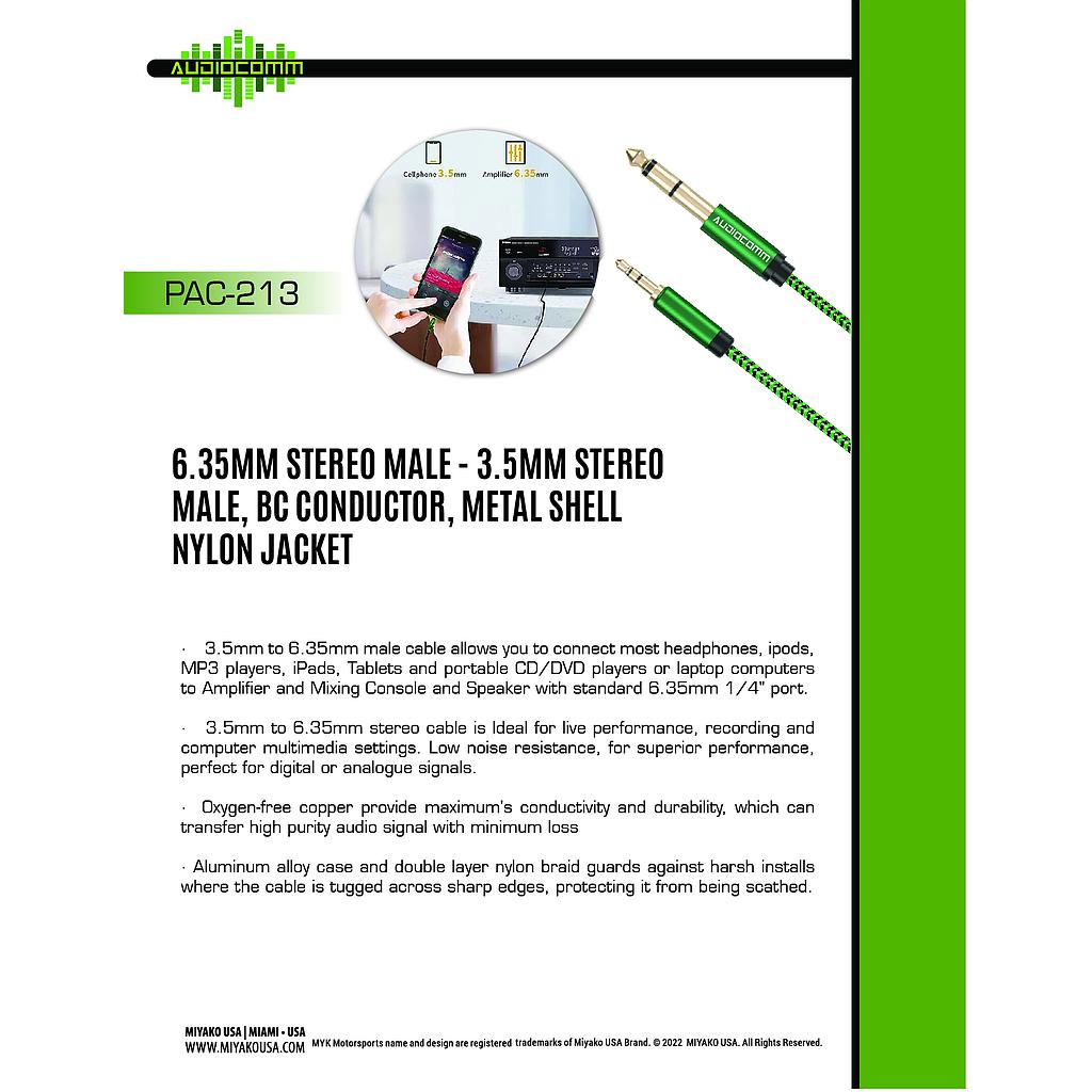 PAC-213 Extension Plug 3.5mm Stereo a Plug 6.35mm Stereo 2m Audiocomm