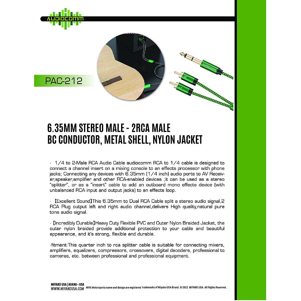 PAC-212 Extension Plug 6.35mm Stereo a 2xRCA Jack 2m Audiocomm