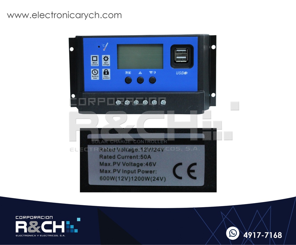 MD-PWM50A Regulador de Bateria y controlador de carga Solar 12V/24V 50A