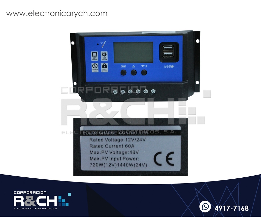 MD-PWM60A Regulador de Bateria y controlador de carga Solar 12V/24V 60A