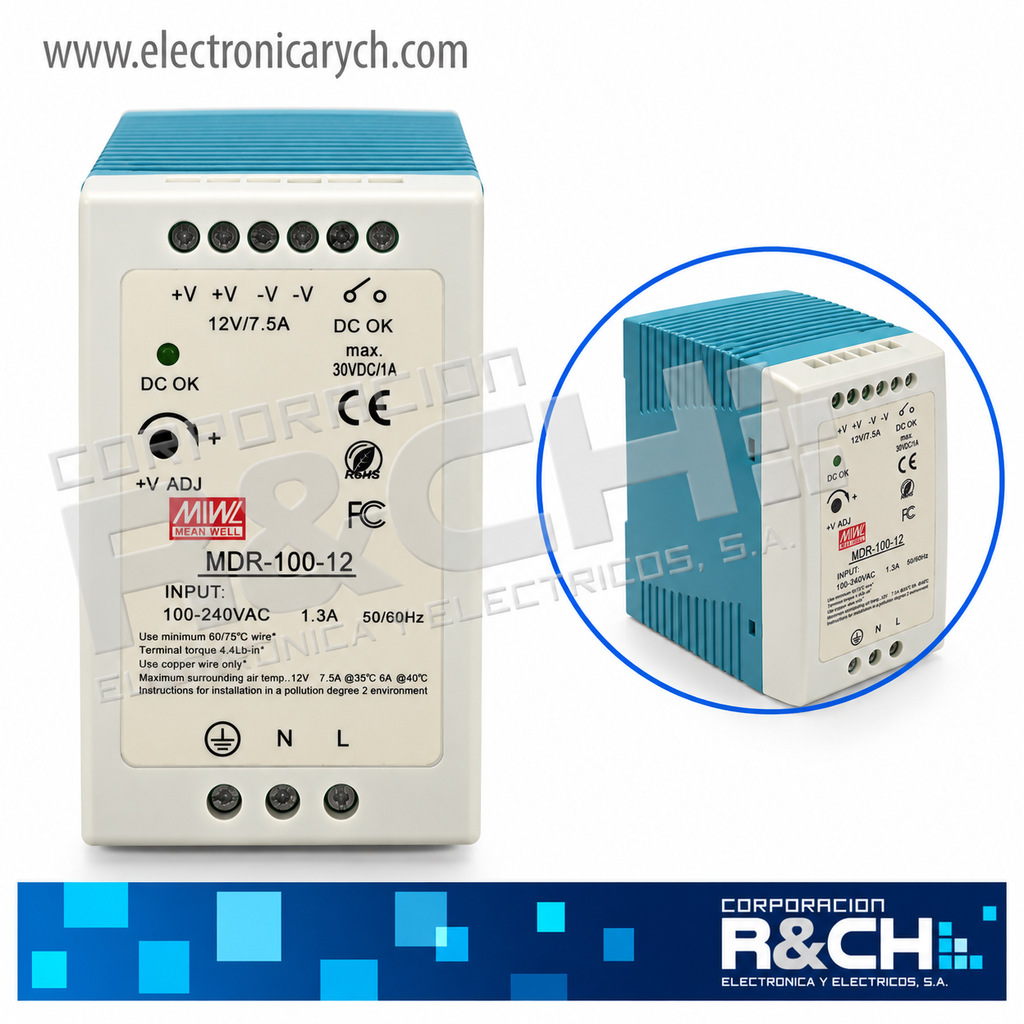 FE-10012 Fuente de Poder 12V 7.5A Tipo Riel DIN