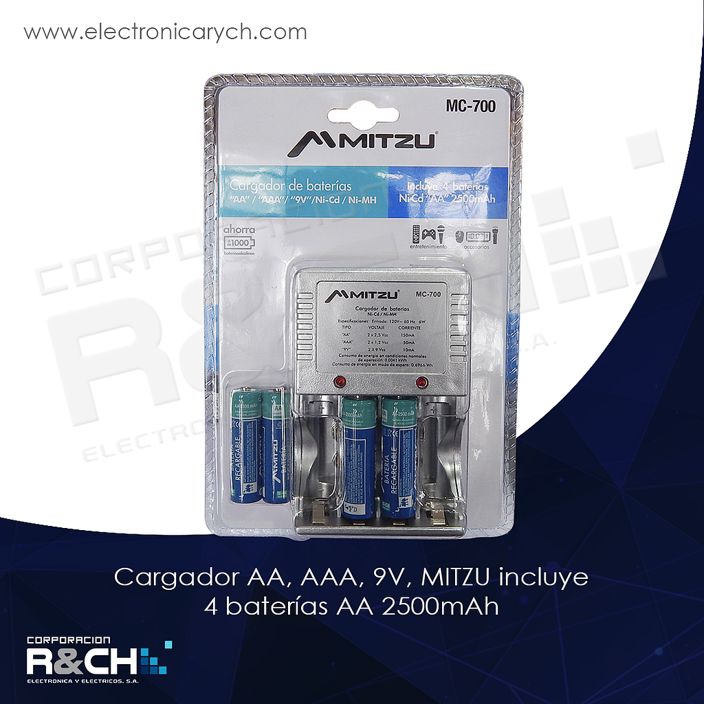 Mitzu® Cargador de pilas AA y AAA, con cable USB, incluye 2 pilas