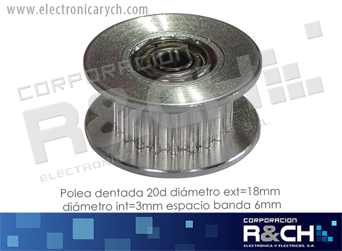 PL-713D Polea GT2 dentada 20d diametro ext=18mm diametro int=3mm espacio banda 6mm