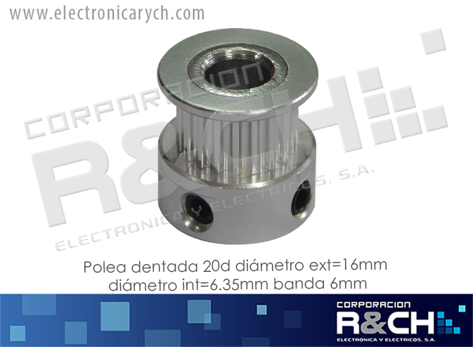PL-708D Polea GT2 dentada 20d diametro ext=16mm diametro int=6.35mm banda 6mm