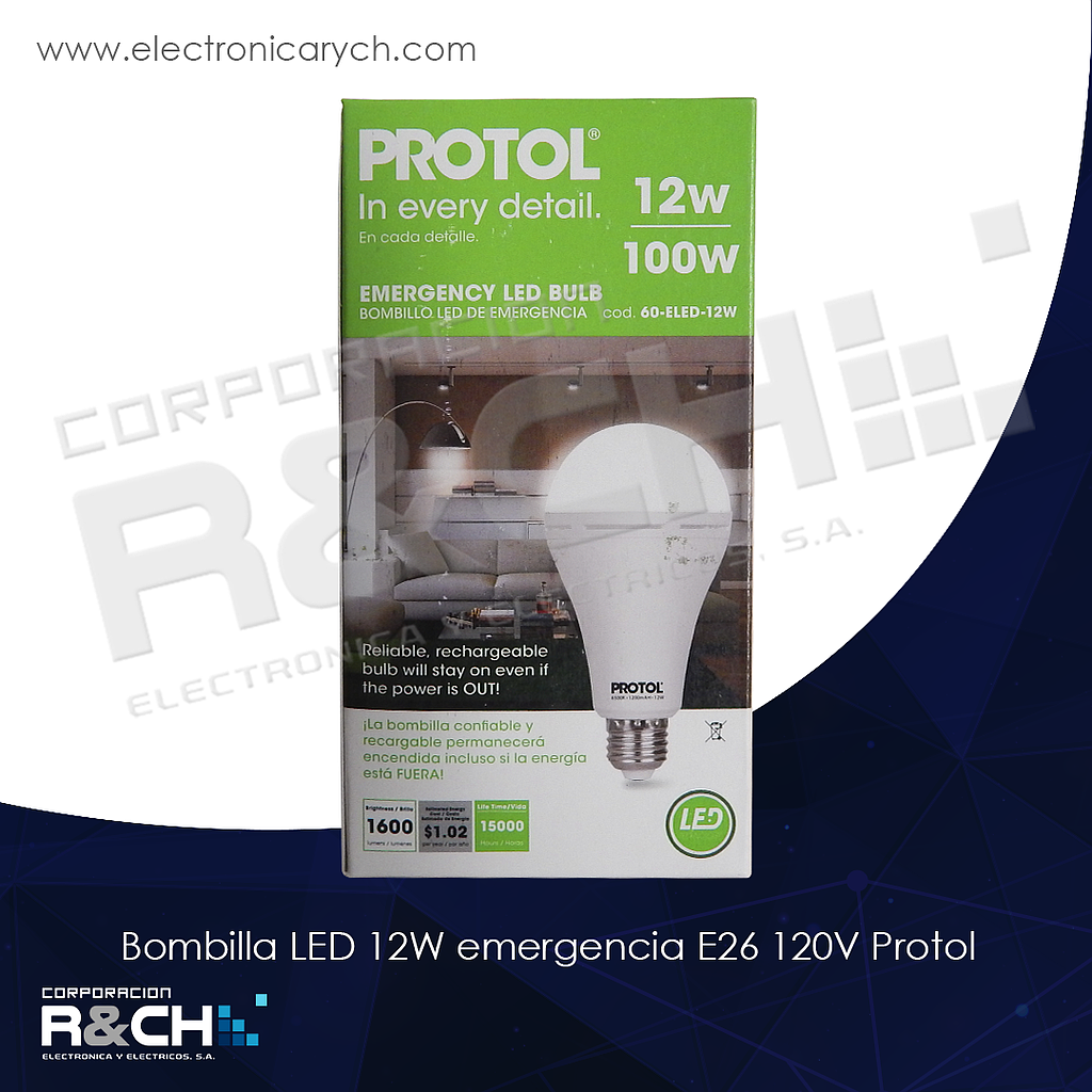 60-ELED-12W bombilla LED 12W emergencia E26 120V