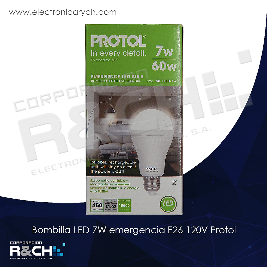 60-ELED-7W bombilla LED 7W emergencia E26 120V protol