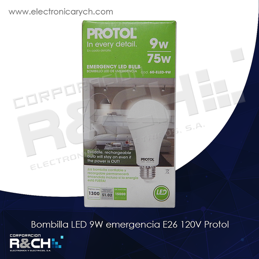 [60-ELED-9W] 60-ELED-9W bombilla LED 9W emergencia E26 120V protol