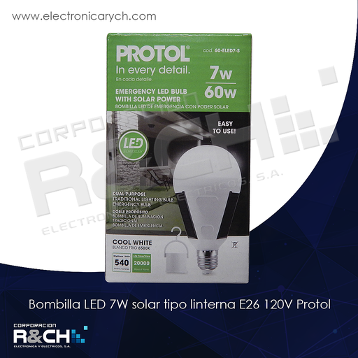 [60-ELED7-S] 60-ELED7-S bombilla LED 7W solar tipo linterna E26 120V protol