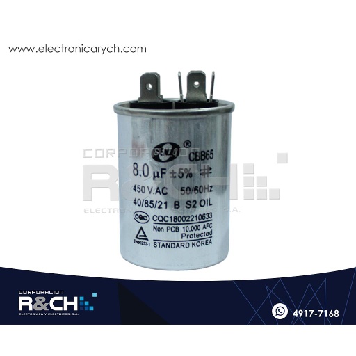 [CBB65-8] CBB65-8 Capacitor de Arranque 8uF 450V AC