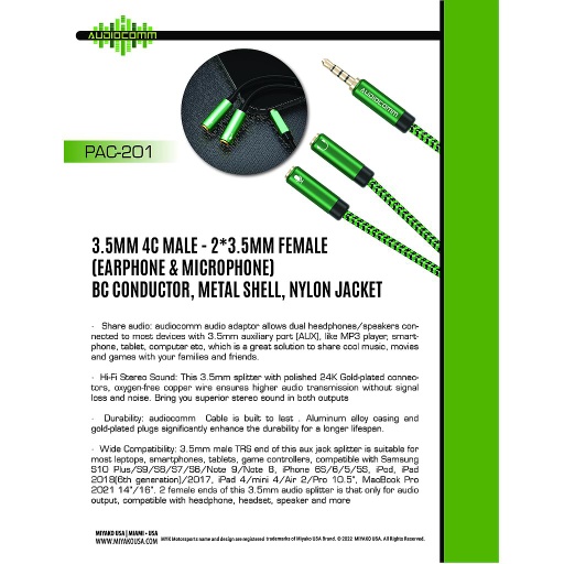 [PAC-201] PAC-201 Extension Plug 3.5mm a Jack 3.5mm en Y Auricular y Microfono Audiocomm