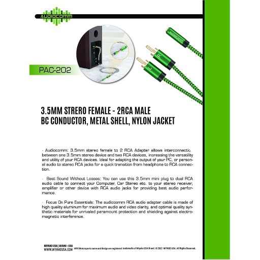[PAC-202] PAC-202 Extension Jack 3.5mm Stereo a RCA Plug en Y Audiocomm