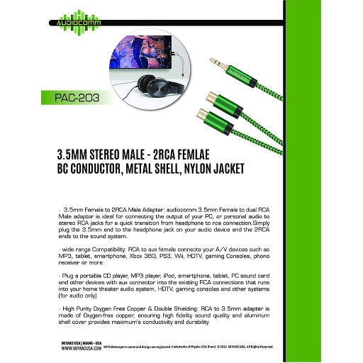 [PAC-203] PAC-203 Extension Plug 3.5mm Stereo a RCA Jack en Y 25cm Audiocomm
