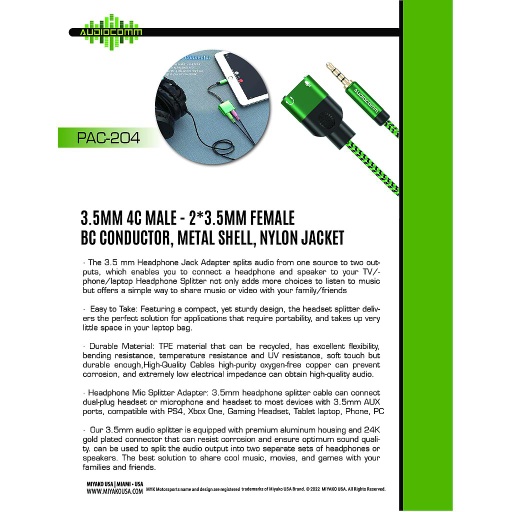 [Virtual Locations/CORPORACION R&CH, S.A.: Inventory adjustment] PAC-204 Extension Plug 3.5mm Stereo a Jack en Y Auricular y Microfono Audiocomm