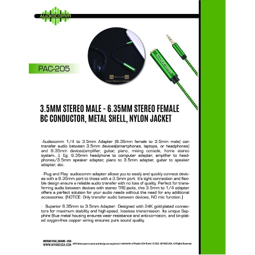 [PAC-205] PAC-205 Extension Plug 3.5mm Stereo a  Jack 6.35mm Stereo Audiocomm