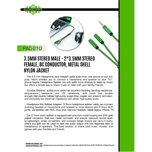 [PAC-210] PAC-210 Extension Plug 3.5mm a Jack 3.5mm en Y dos Auriculares Audiocomm