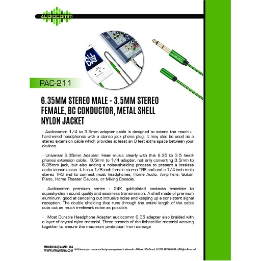 [PAC-211] PAC-211 Extension Plug Stereo 6.35mm a Jack 3.5mm Stereo Audiocomm
