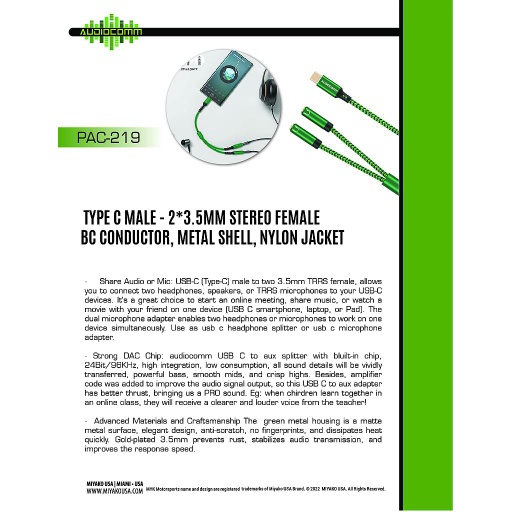 [PAC-219] PAC-219 Extension Plug Tipo C a Jack 3.5mm en Y dos Auriculares