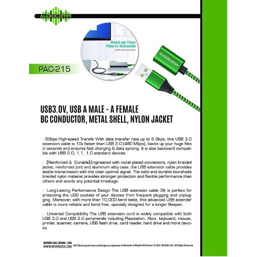 [PAC-215] PAC-215 Extension USB Macho a Jack USB Hembra 3.0 Audiocomm