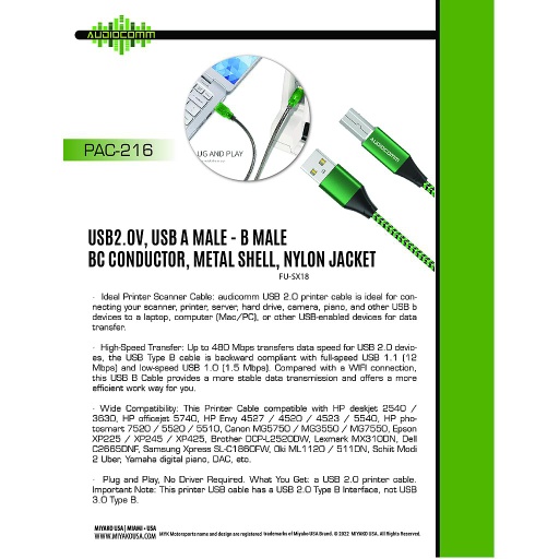[PAC-216] PAC-216 Cable USB B a Tipo A para Impresora Audiocomm