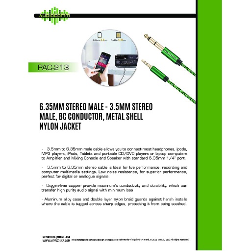 [PAC-213] PAC-213 Extension Plug 3.5mm Stereo a Plug 6.35mm Stereo 2m Audiocomm