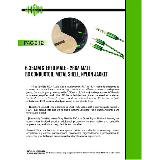 [PAC-212] PAC-212 Extension Plug 6.35mm Stereo a 2xRCA Jack 2m Audiocomm